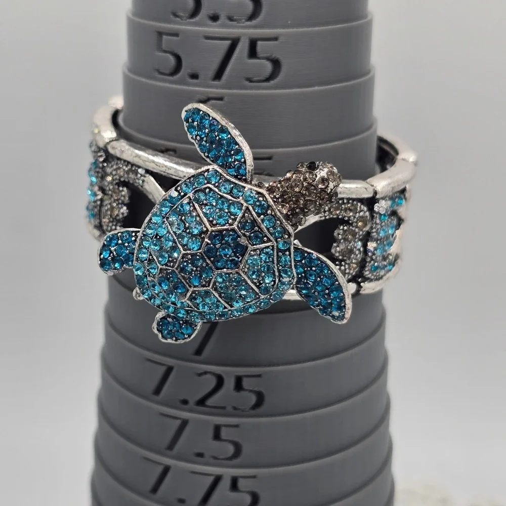 Rhinestone Articulated Turtle Bracelet Bangle Blue Magnetic Pendant Brooch 6.5